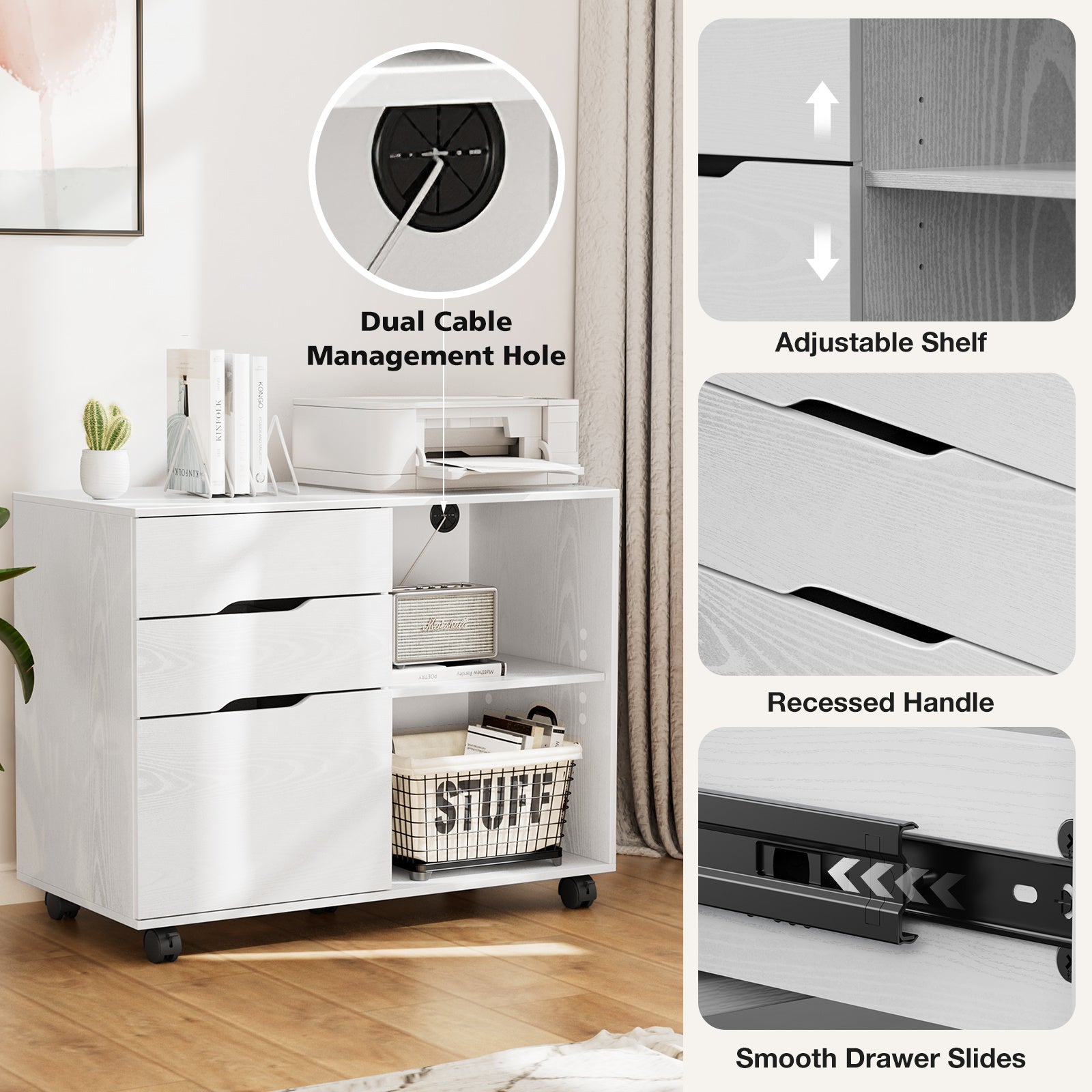 White storage cabinet with features highlighted on a wooden floor.