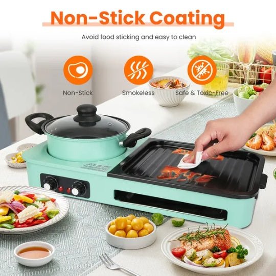 Teal hot plate with non-stick cooking surface on a table with food and utensils.