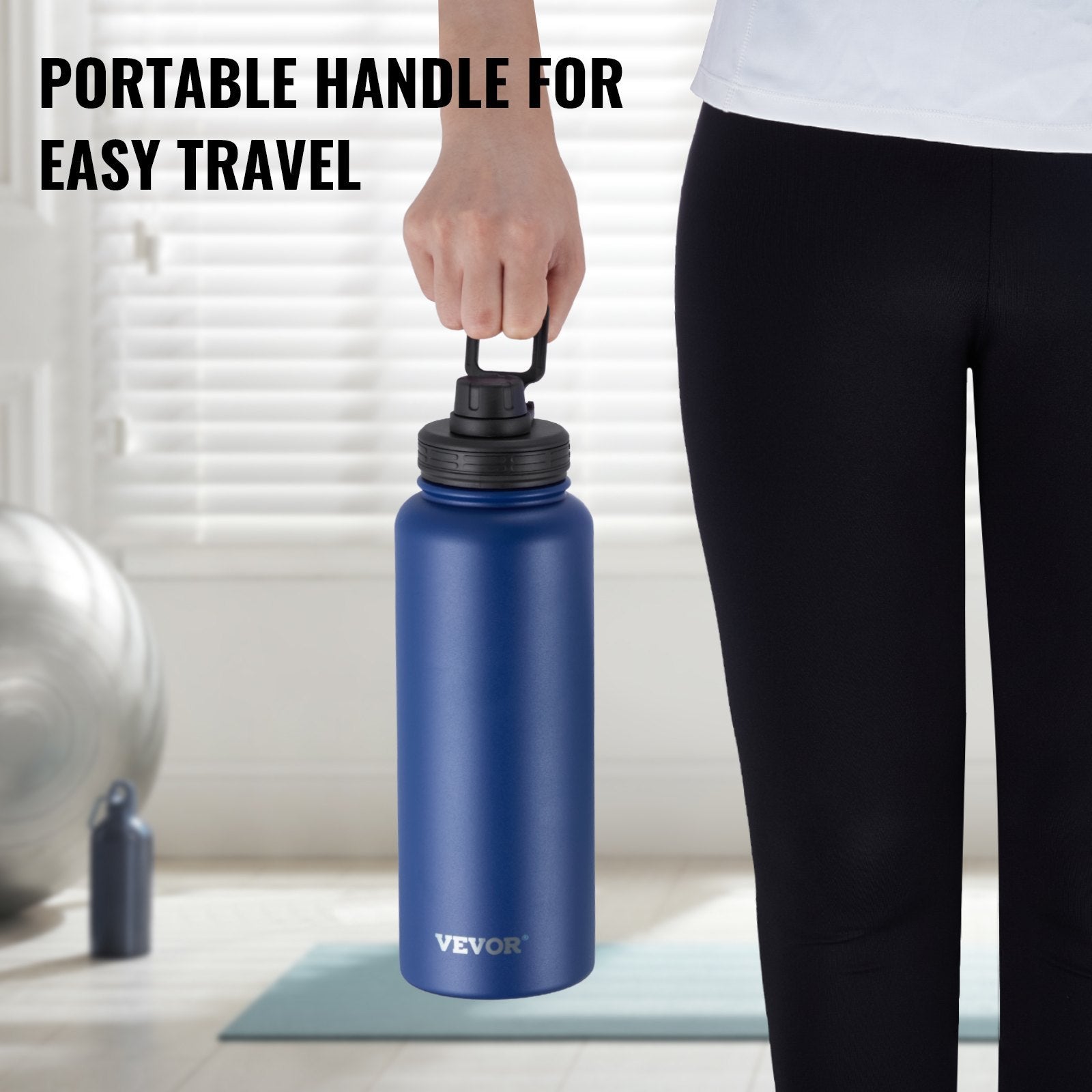 Blue water bottle with a portable handle held by a person, with text 'Portable handle for easy travel' and 'Vevor' branding.