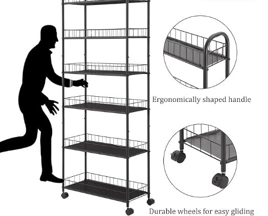 Illustration of a person pushing a multi-tiered metal shelf with ergonomic handle and durable wheels.