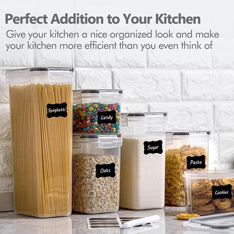 Kitchen storage containers with labeled contents on a tiled wall background