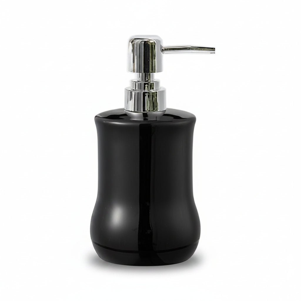 Black soap dispenser with silver pump on a white background