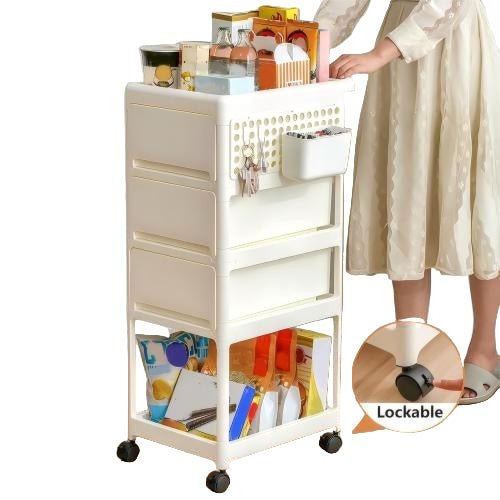 White storage cart with multiple drawers and shelves, filled with items, in a room setting.