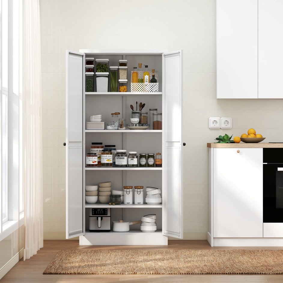 White kitchen pantry with open doors displaying various kitchen items in a well-lit room.