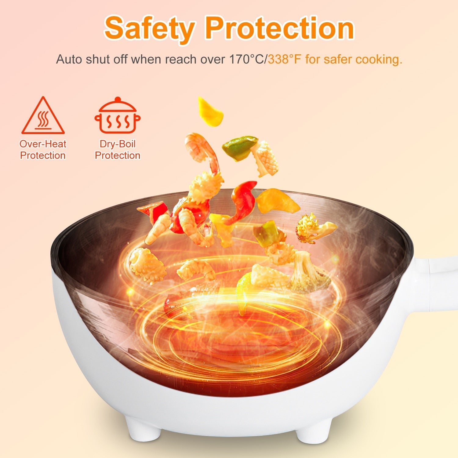 Cooking pot with safety features and food graphics on a beige background
