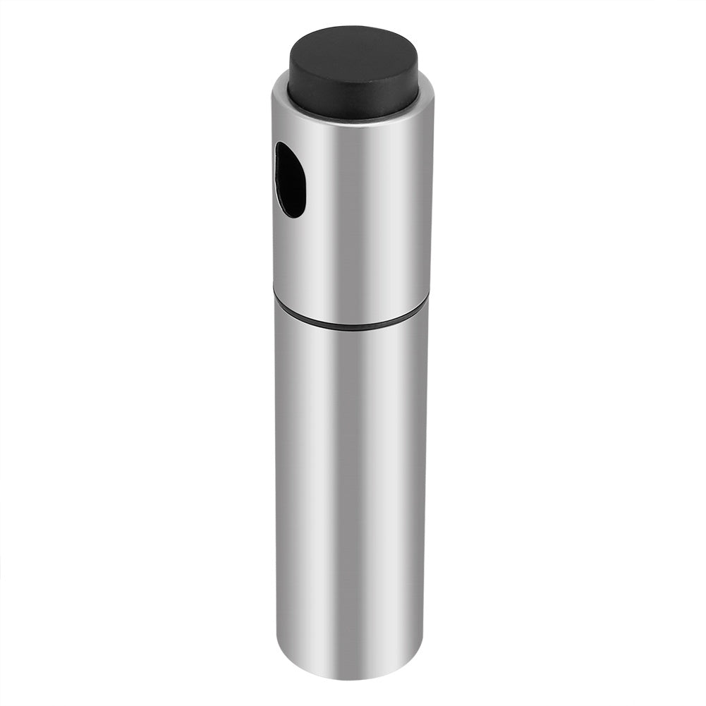 Stainless steel olive oil spraying bottle dispenser with silver finish, suitable for cooking and baking.