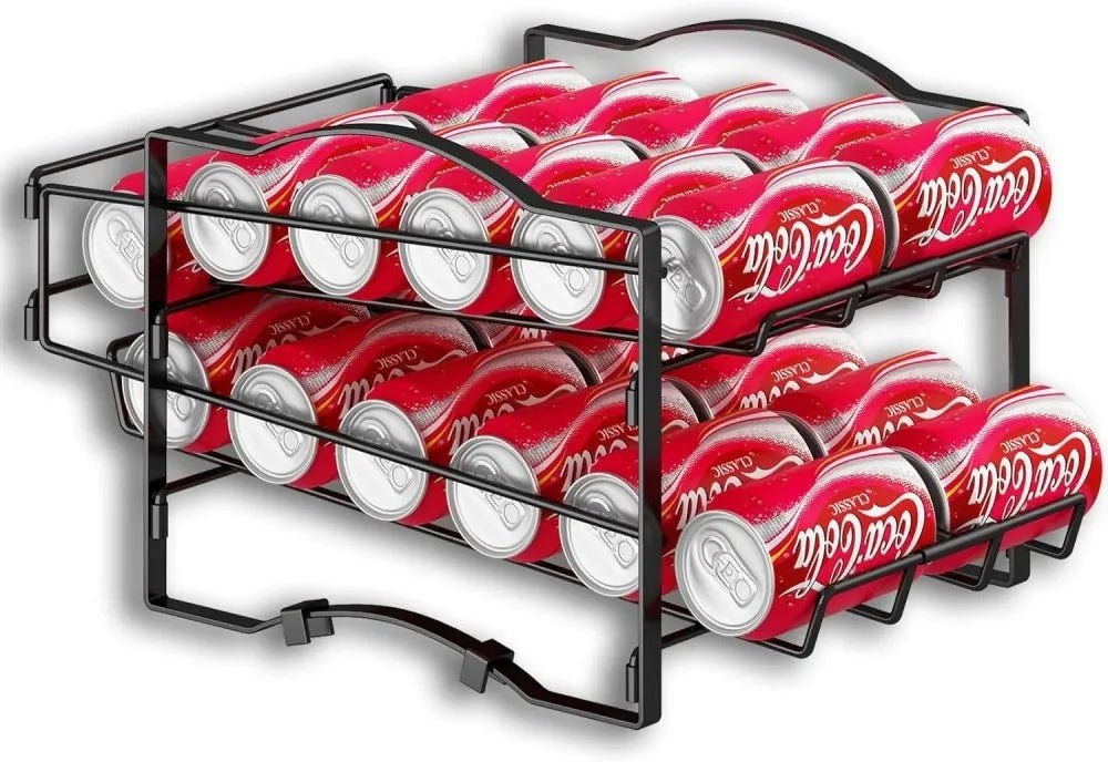 Metal can organizer with Coca-Cola cans on a white background