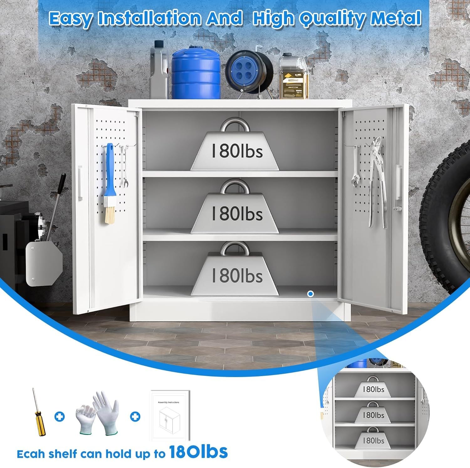 Metal storage cabinet with open doors showing shelves labeled '180lbs' in a workshop setting.