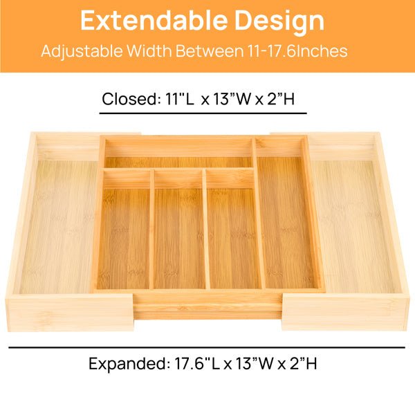 Dimensions of the expandable bamboo utensil tray in both its closed (11 inch) and expanded (17.6 inch) states