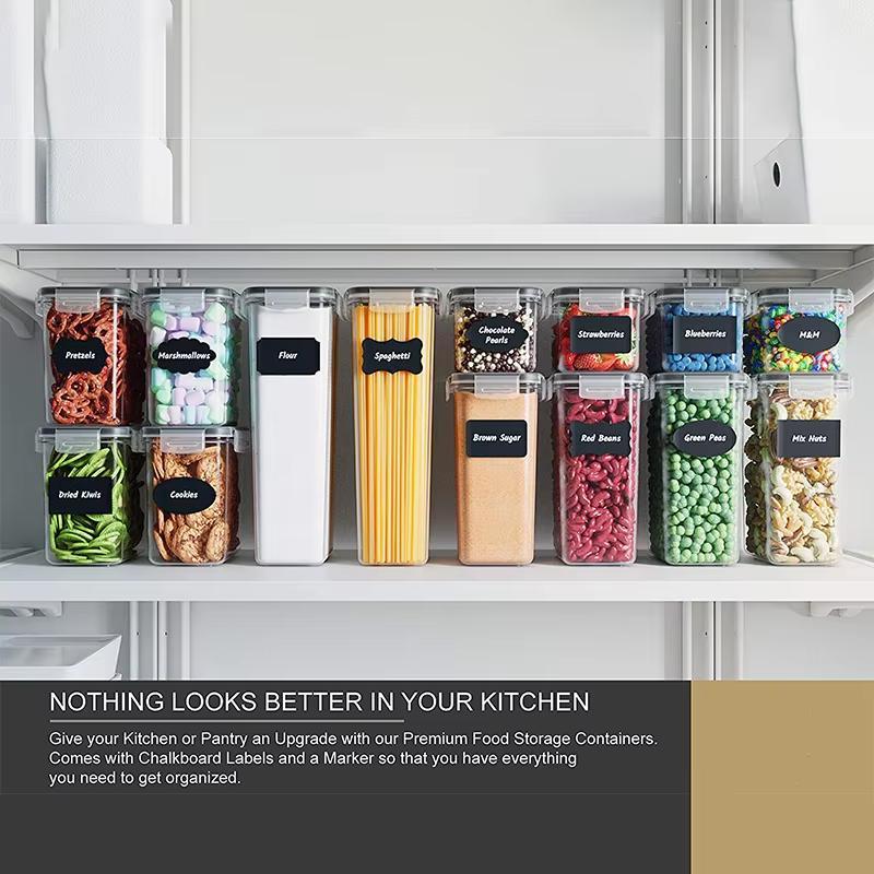 Kitchen pantry with organized food storage containers labeled with chalkboard labels.