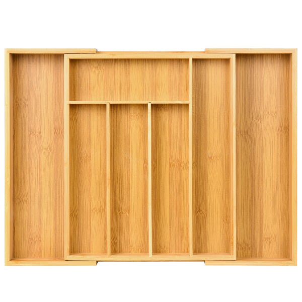 Fully expanded bamboo silverware drawer organizer showing all 7 compartments