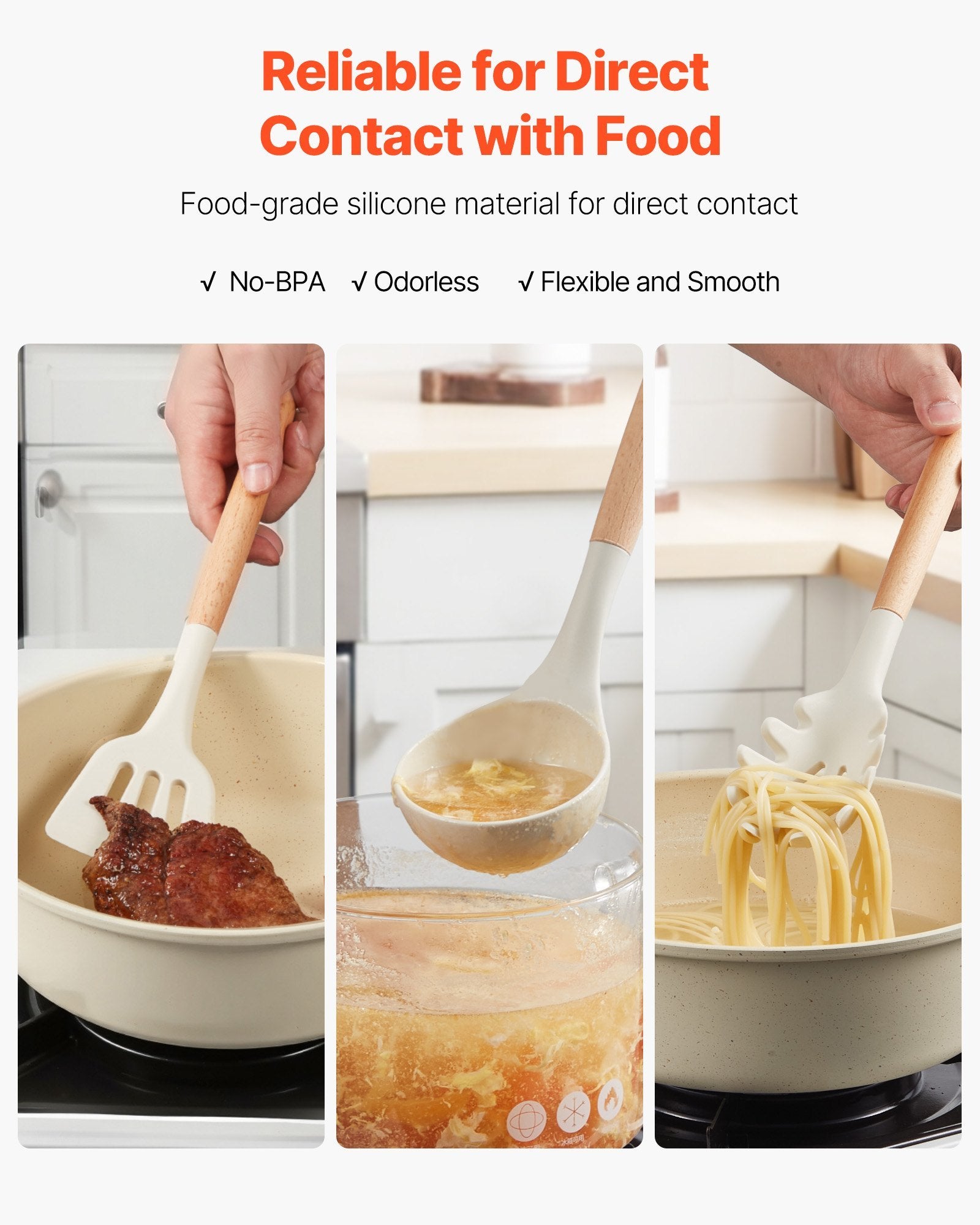 Silicone utensils being used in a kitchen setting with text about food-grade silicone material.