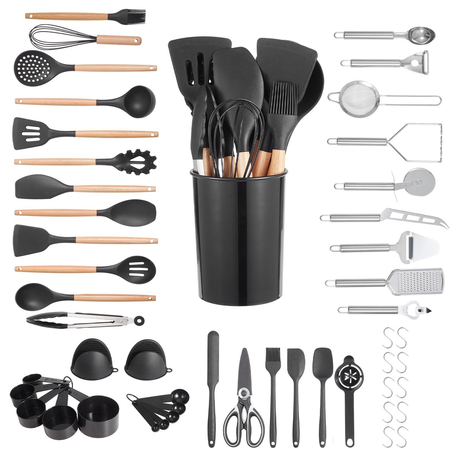 Set of kitchen utensils including spatulas, spoons, and measuring cups on a white background.