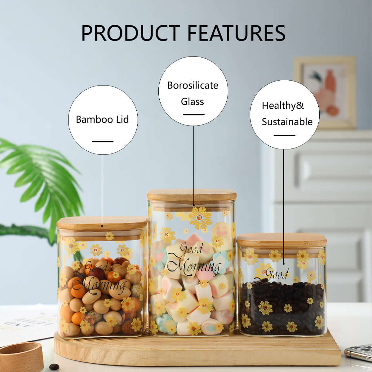 3 Pcs Glass jars with lids Storage Jars Coffee Jars Candy Jar - TableFab