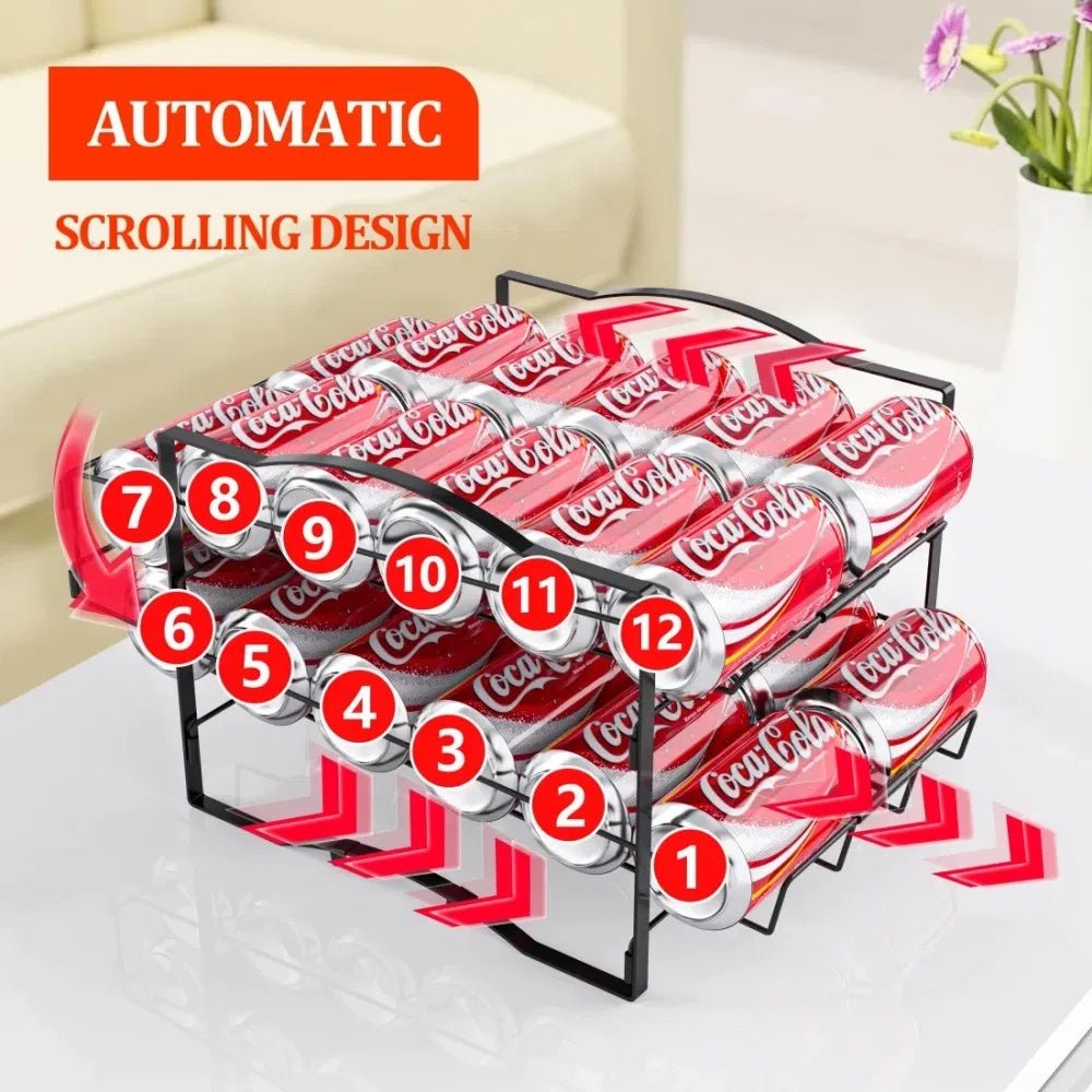 Coca-Cola can organizer with cans labeled from 1 to 12 on a white surface.