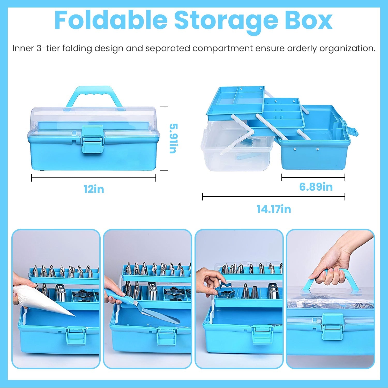 Blue foldable storage box with compartments and measurements on a blue background