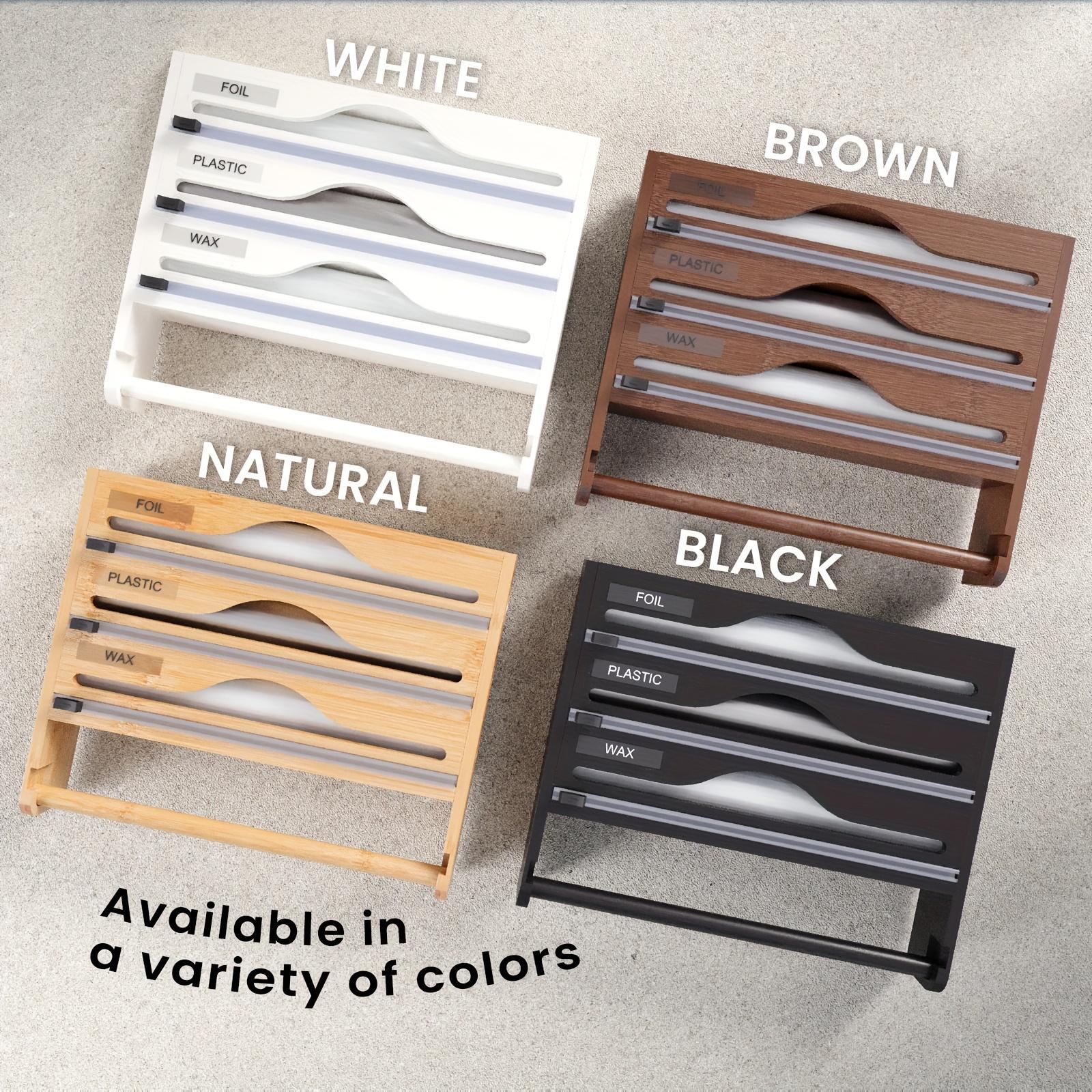 Set of four trays in white, brown, natural, and black with labels on a gray background.