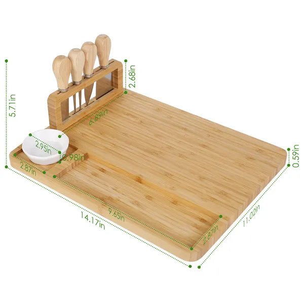 Wooden cutting board with knife block and measurements on a white background