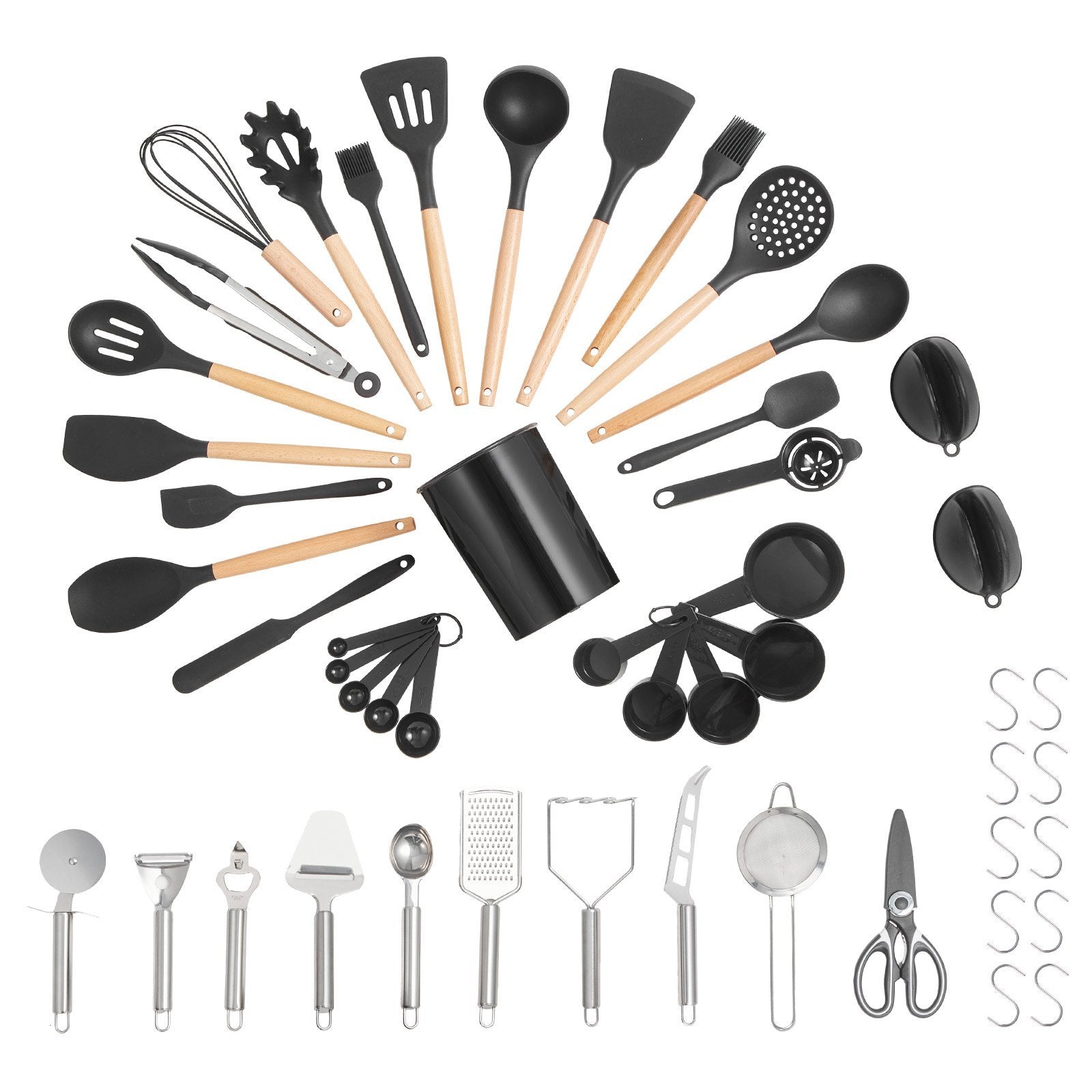 Collection of kitchen utensils including spatulas, ladles, and scissors on a white background