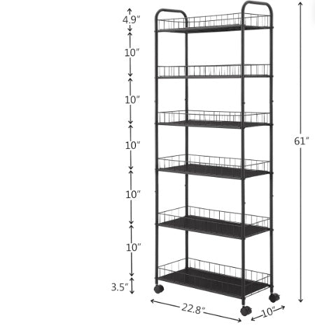 Black metal shelving unit with dimensions labeled on a white background