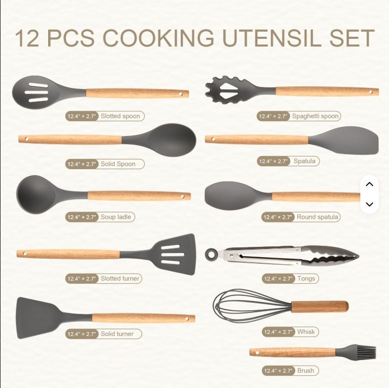 12-piece cooking utensil set with labels on a white background