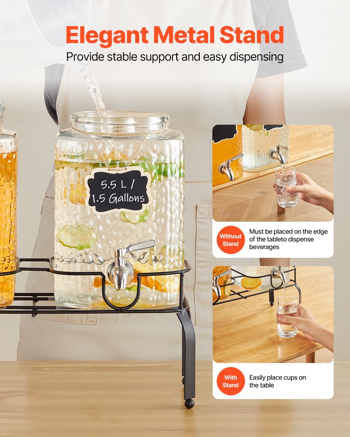 Glass drink dispenser with metal stand on a wooden surface, featuring text about stable support and easy dispensing.