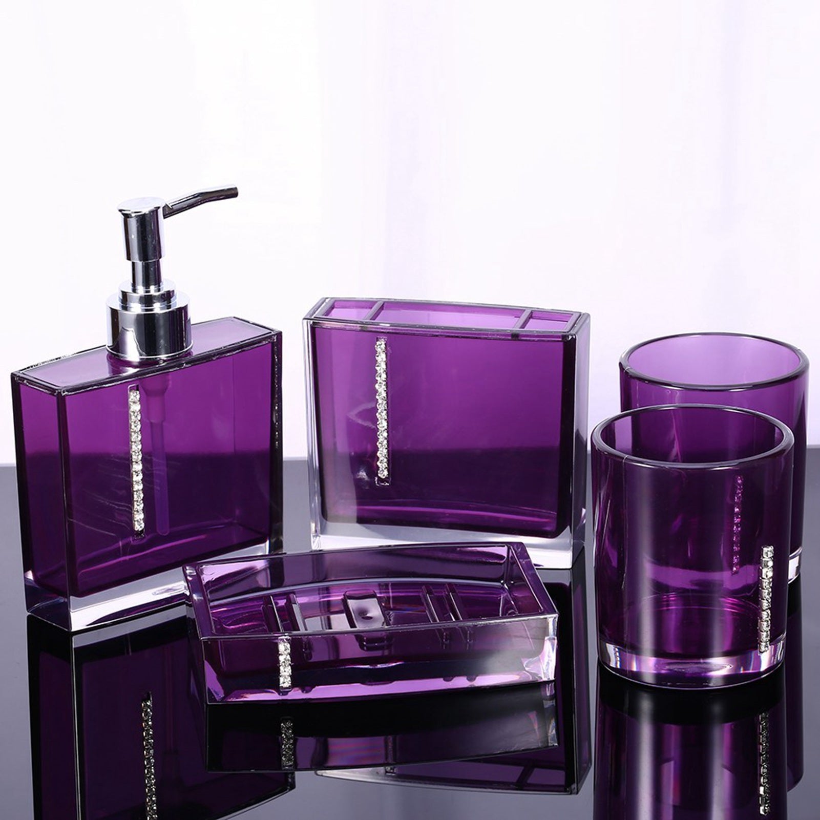 Purple acrylic bath accessories set with toothbrush holder, soap dish, emulsion bottle, and gargle cups.