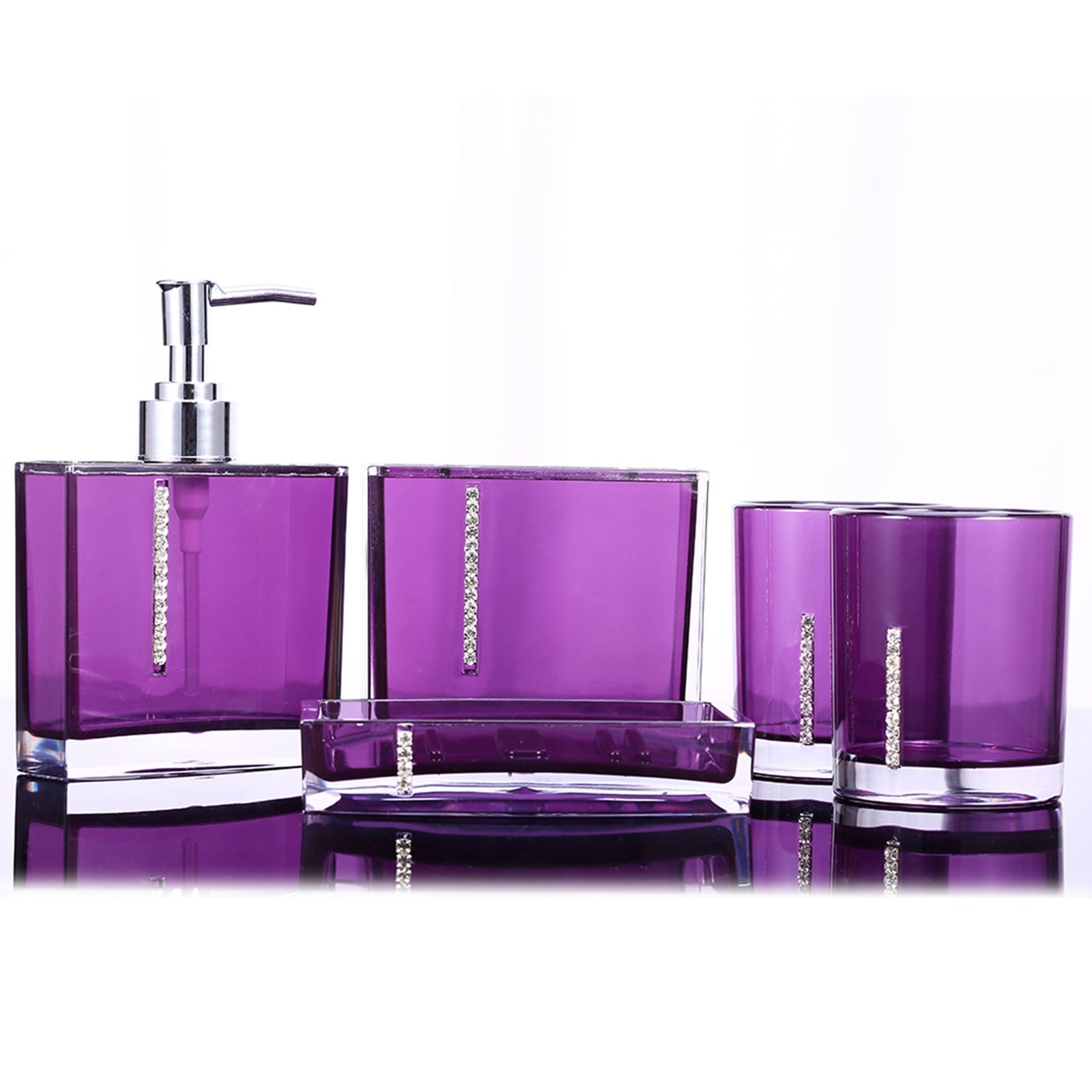 Acrylic bath accessories set in purple, including toothbrush holder, soap dish, and emulsion bottle.