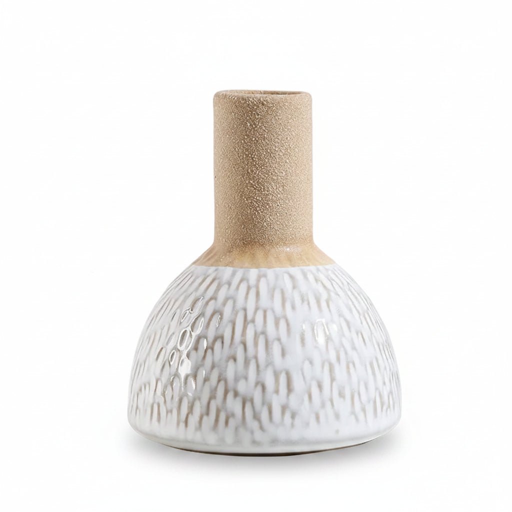 A small ceramic vase with a textured white body and a natural light brown wooden neck, shown on a clean white background.