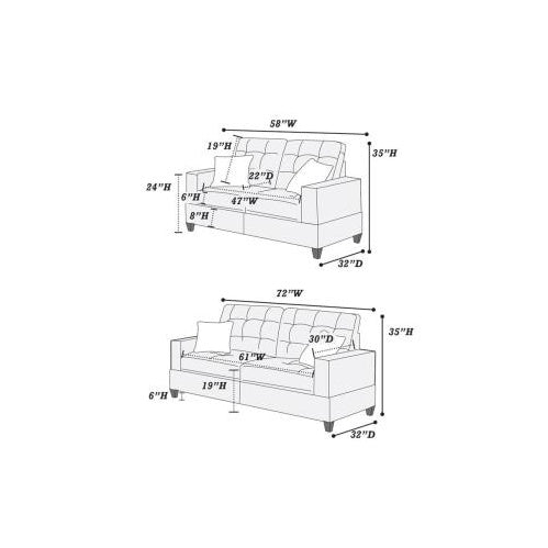 Dimensions of a sofa and loveseat on a white background