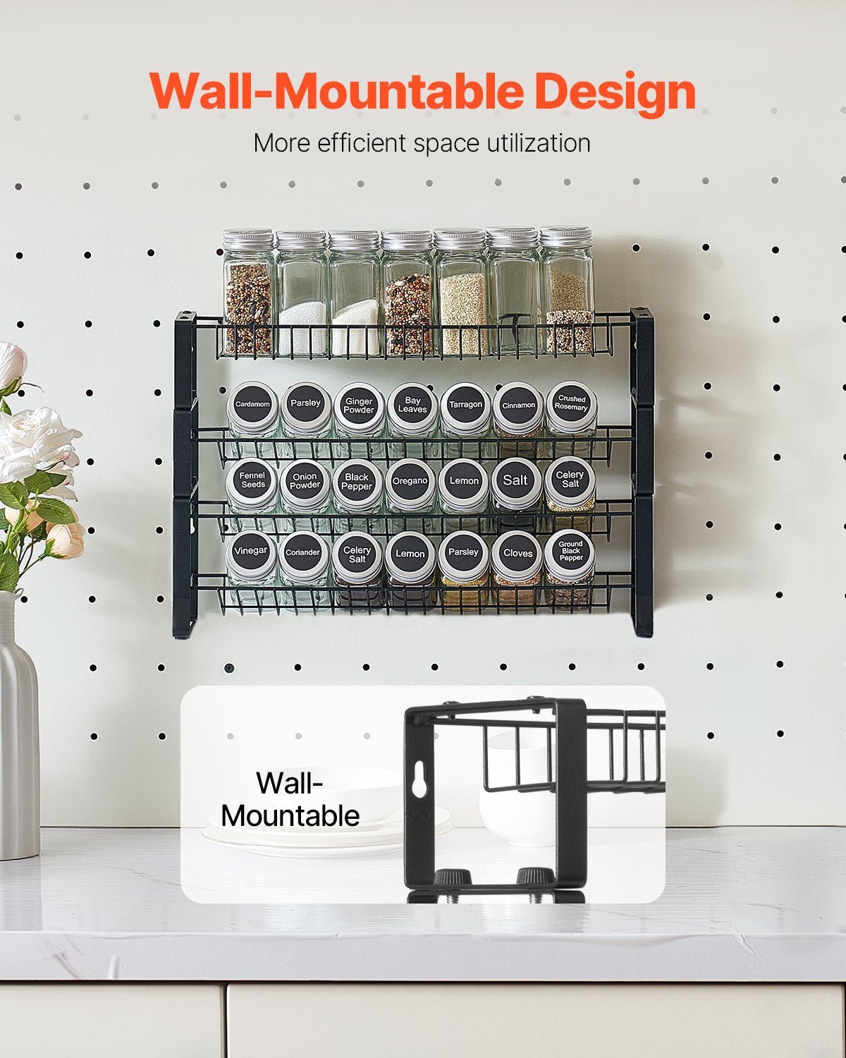 Wall-mounted spice rack with labeled jars on a pegboard wall, emphasizing space efficiency.