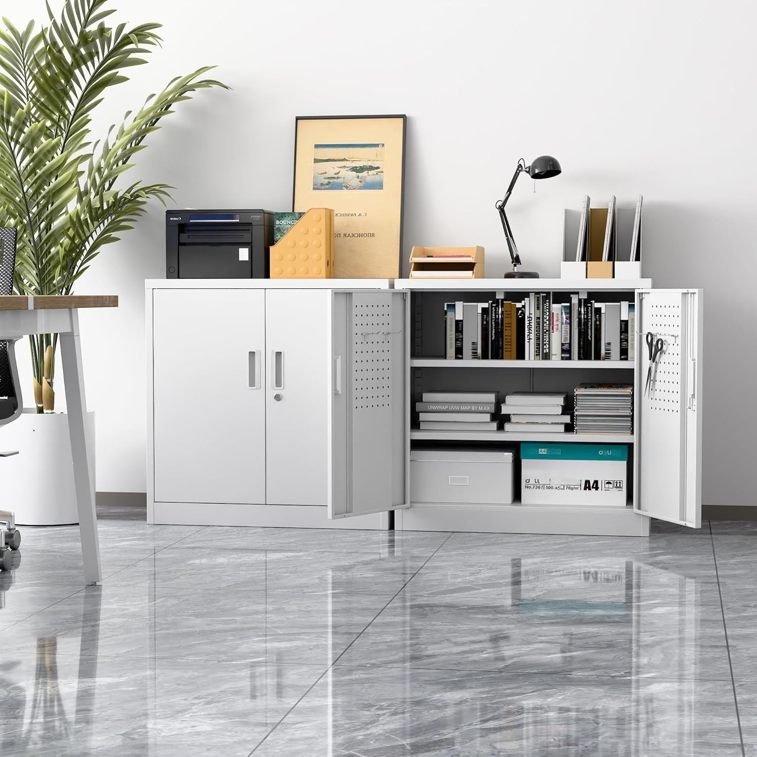White office cabinet with open doors displaying books and office supplies in a modern office setting.