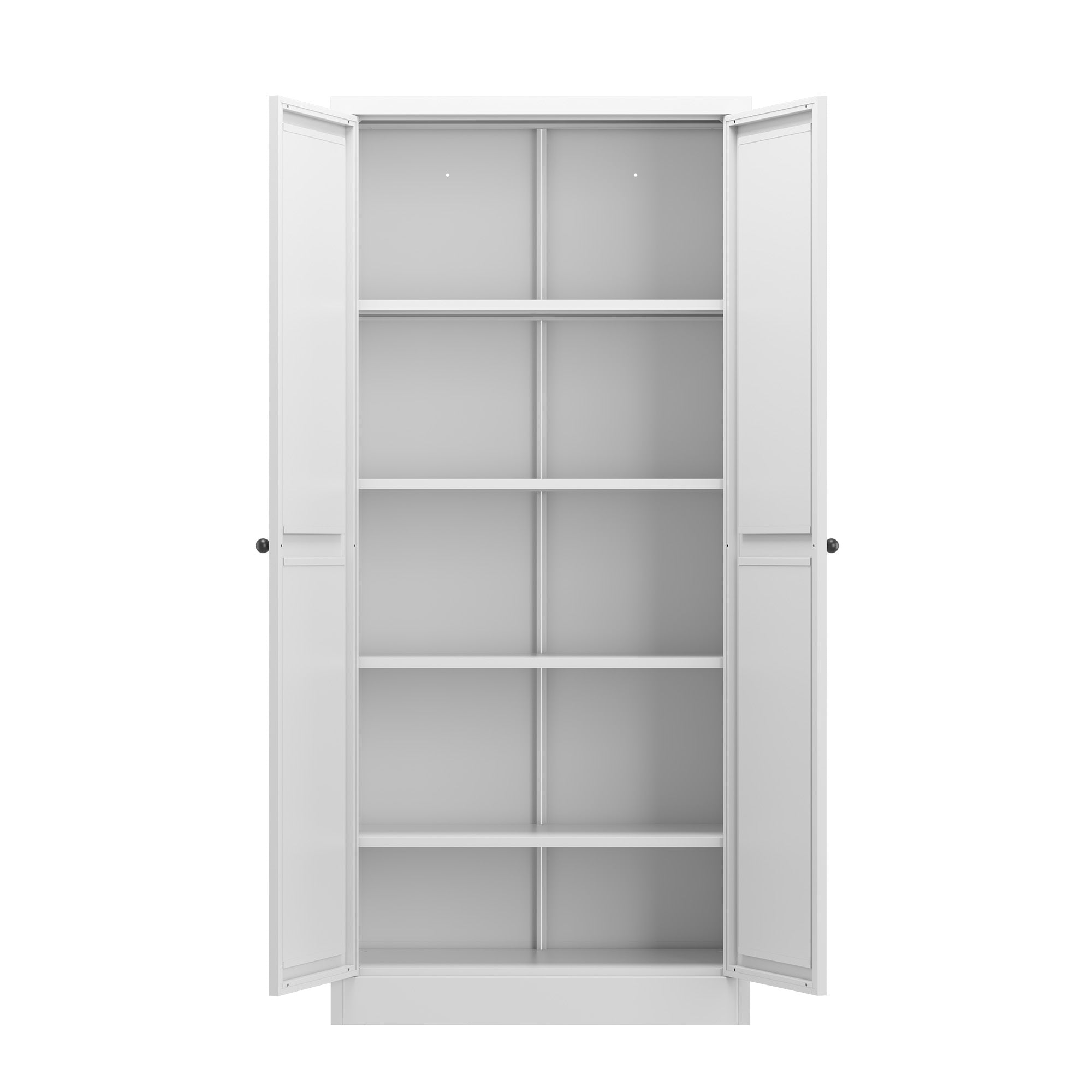 White bookshelf with open doors on a white background