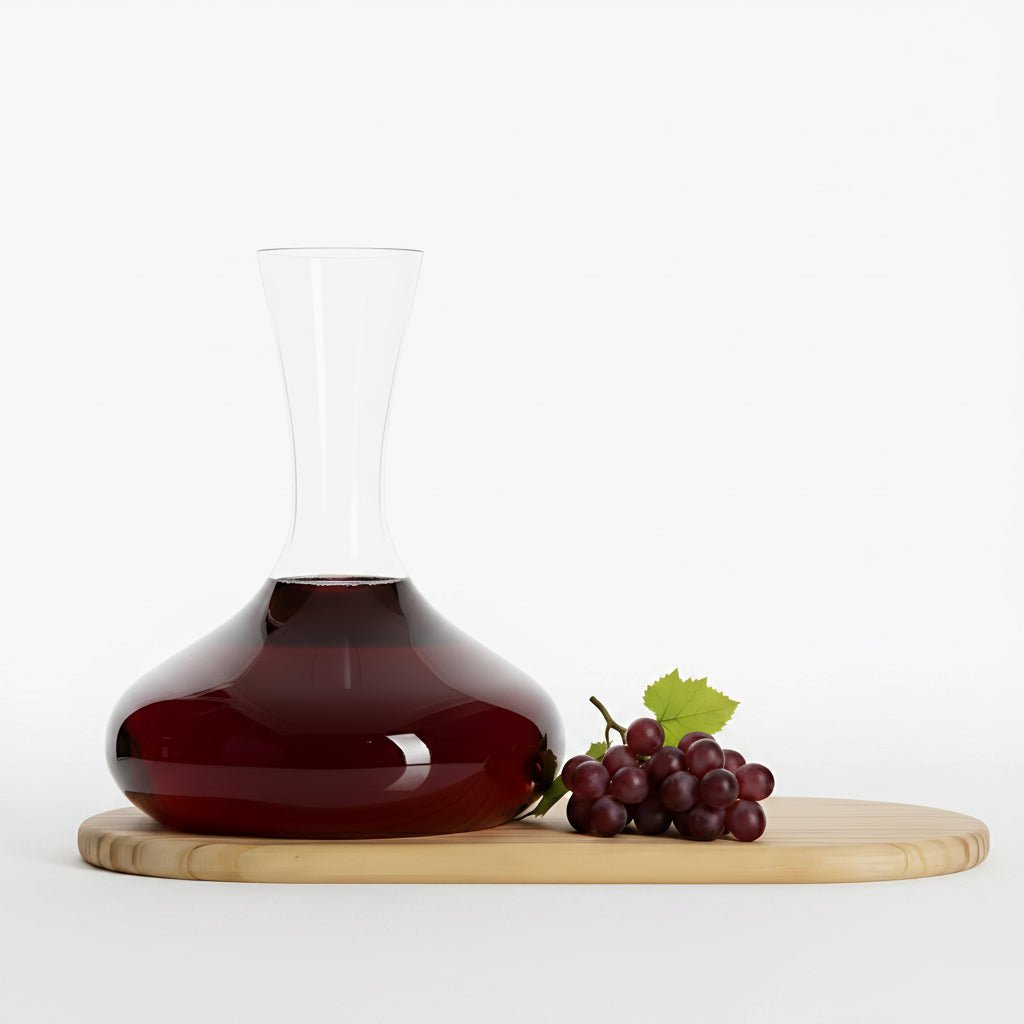 Wine decanter with red wine and grapes on a wooden board against a light background