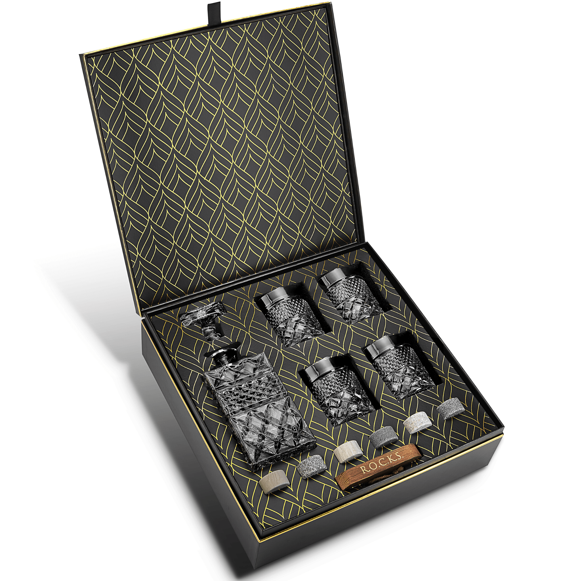 Set of whiskey glasses in a decorative box with geometric pattern