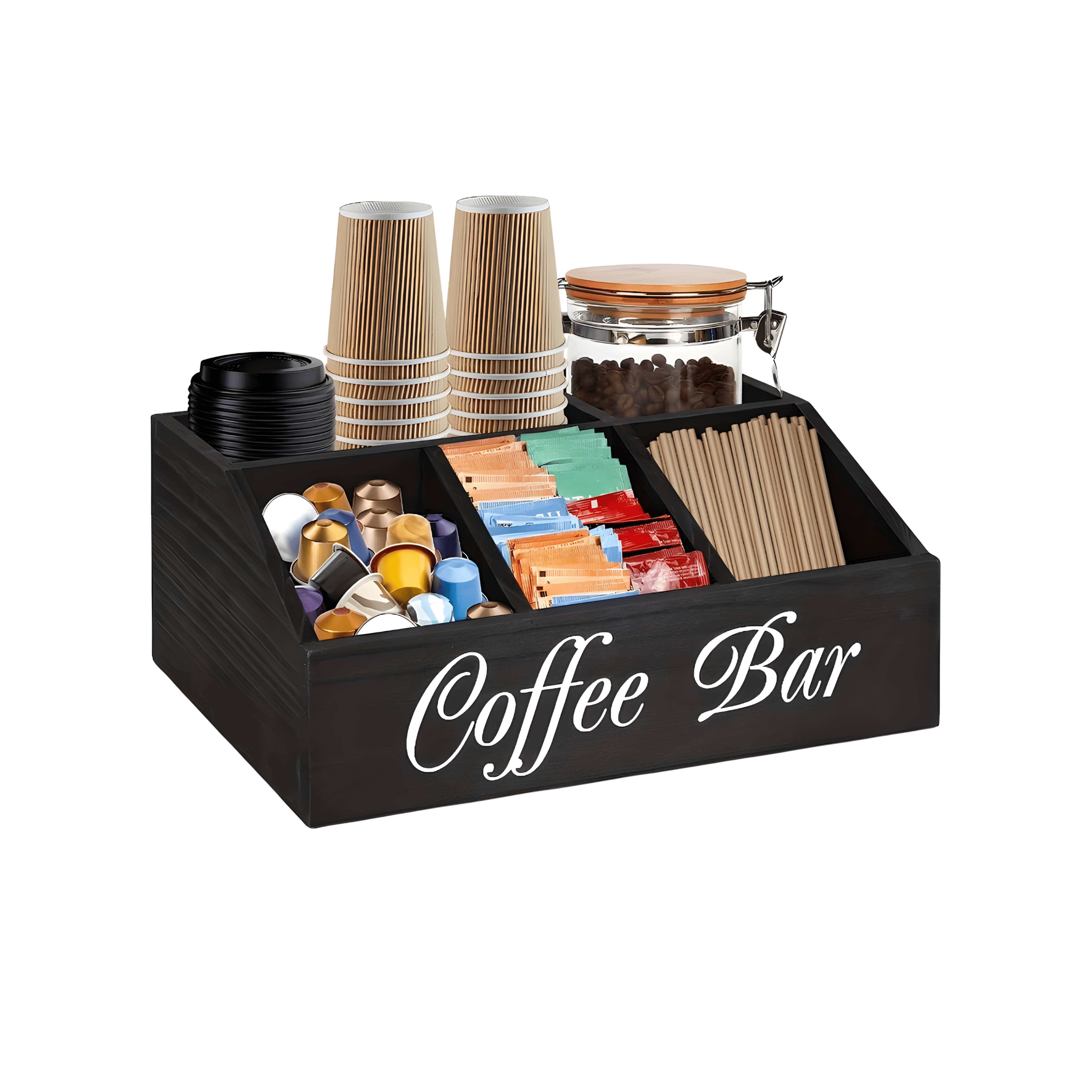 Black coffee bar organizer with various coffee products on a white background