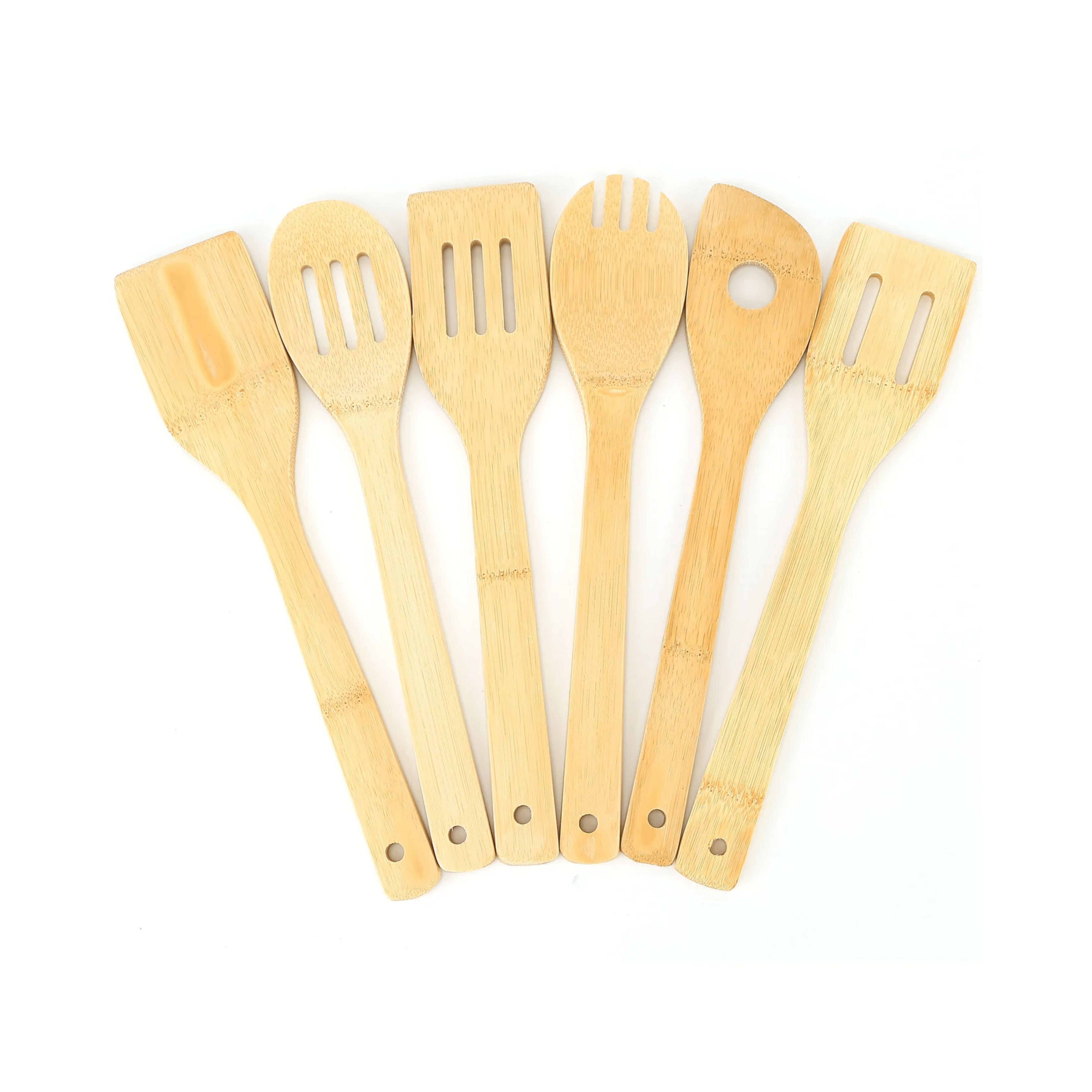 Set of six wooden kitchen utensils on a white background