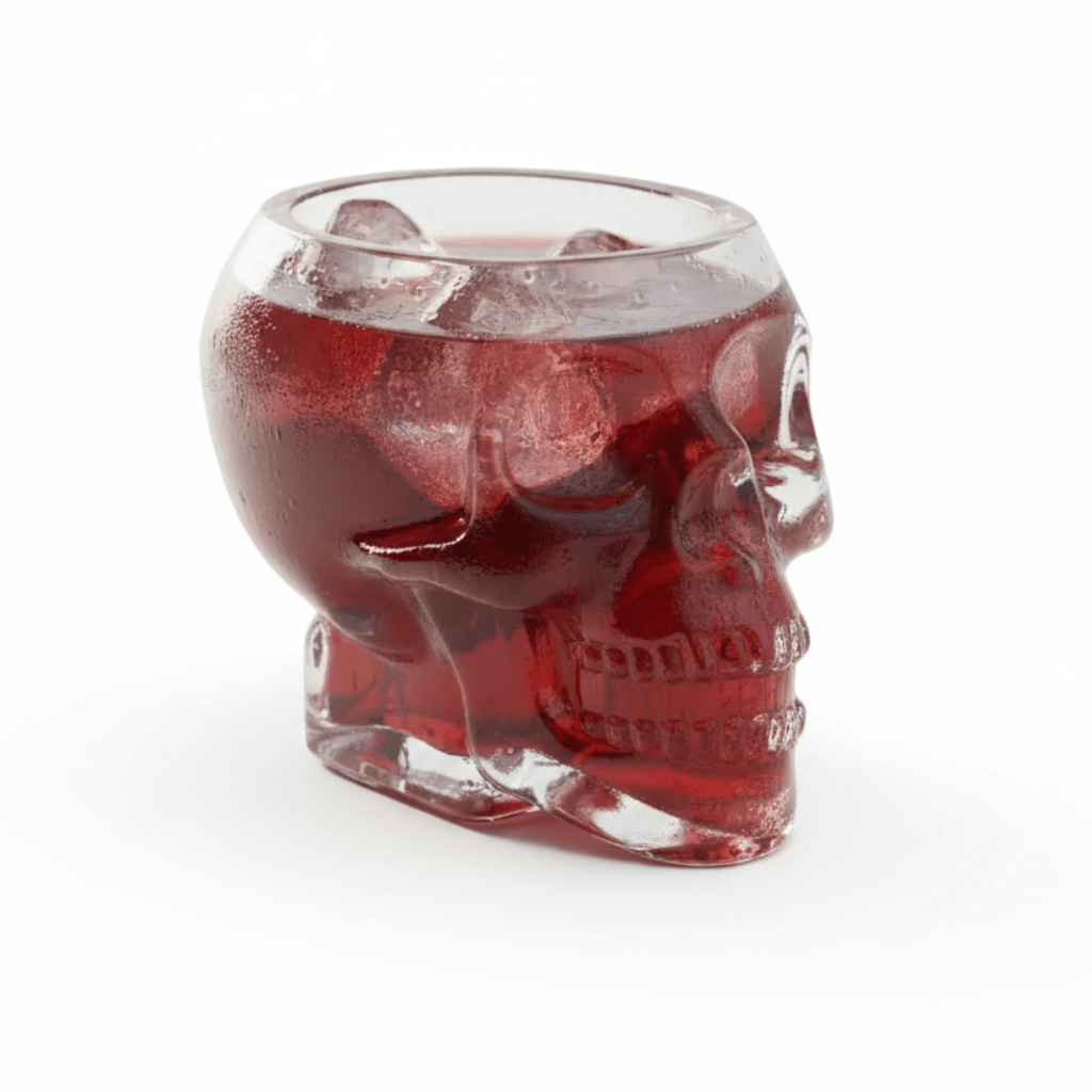 A skull-shaped clear glass tumbler filled with a deep red drink and ice, photographed on a clean white studio background.