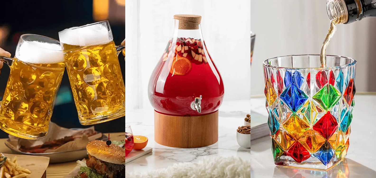 Elegant glassware and drinkware set – wine glasses, beer mugs, whiskey tumblers