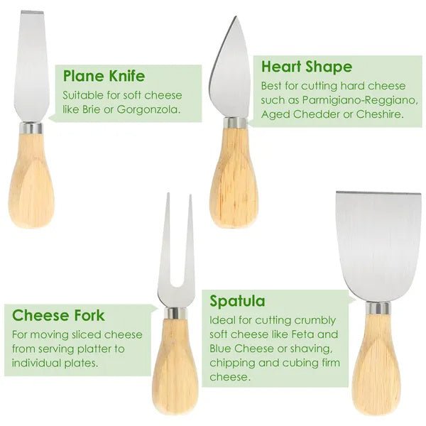 Set of four cheese tools with wooden handles and metal blades, each labeled for a specific use.