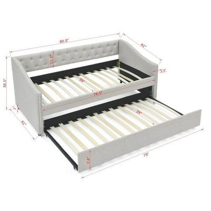 Bed with trundle and dimensions labeled on a white background