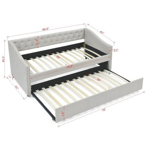 Bed with trundle and dimensions labeled on a white background