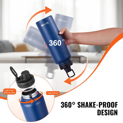 Blue water bottle with '360' logo and shake-proof design features, held by a hand.