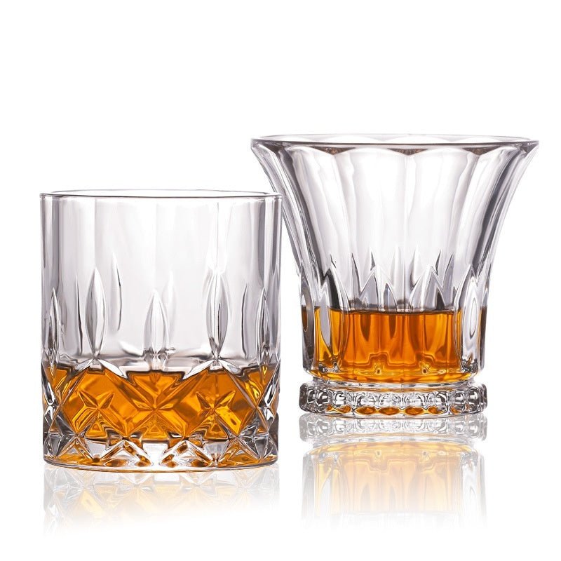 European-style crystal whiskey shot glass enhances spirits' elegance.