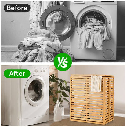 Before and after comparison of laundry setup with washing machine, dryer, and laundry basket.