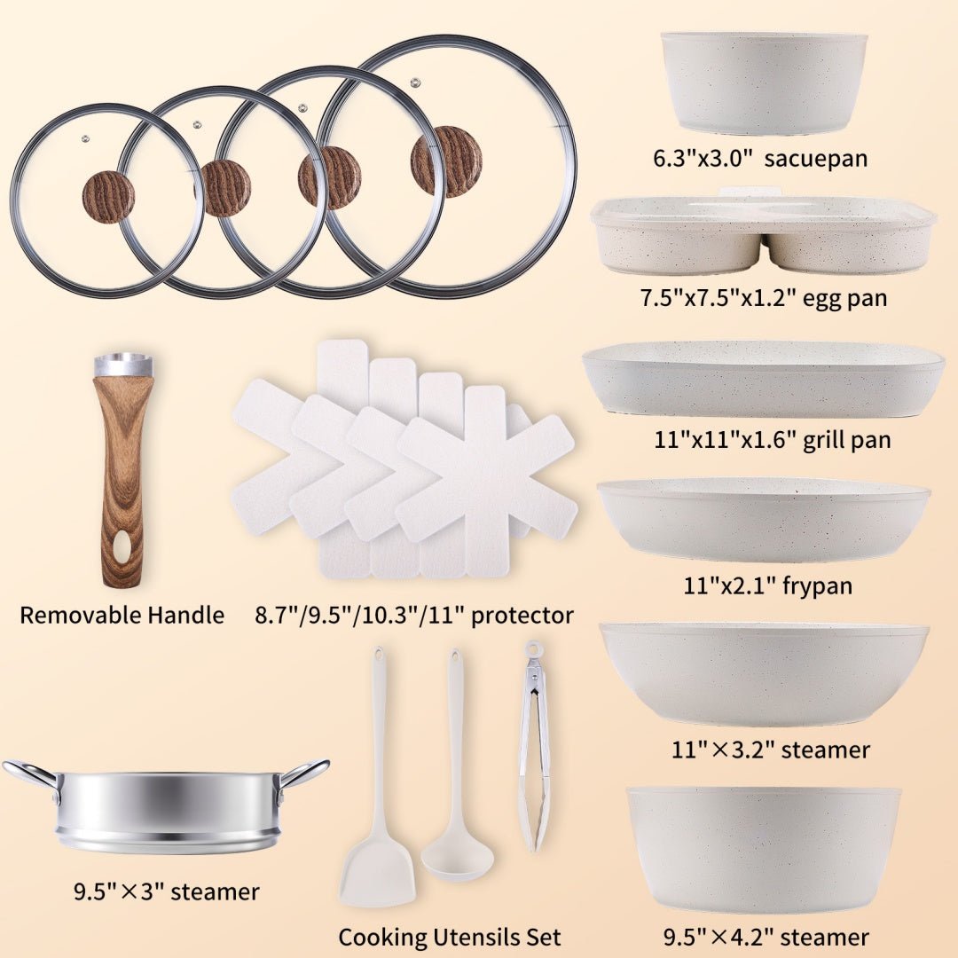 Set of cooking utensils with dimensions labeled on a beige background