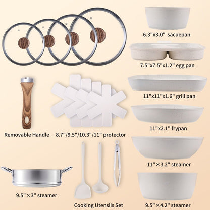 Set of cooking utensils with dimensions labeled on a beige background