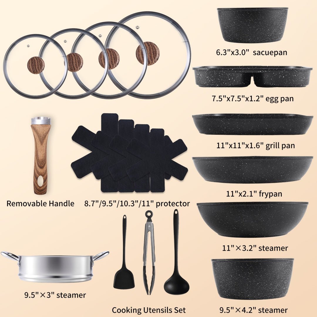 Set of cookware and utensils with dimensions labeled on a beige background
