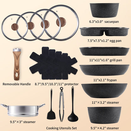 Set of cookware and utensils with dimensions labeled on a beige background