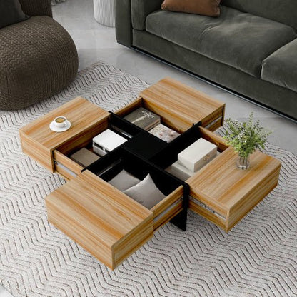 Wooden coffee table with storage compartments in a living room setting